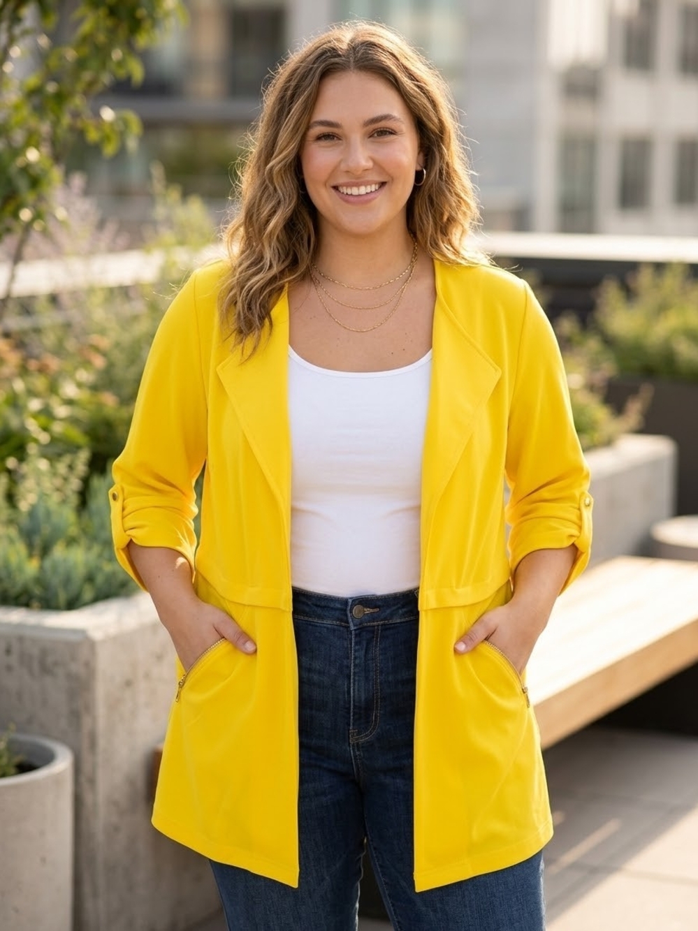 NWT Soho Apparel Ltd Yellow Open Front Roll Tab Sleeve Jacket Tunic Blouse 2X